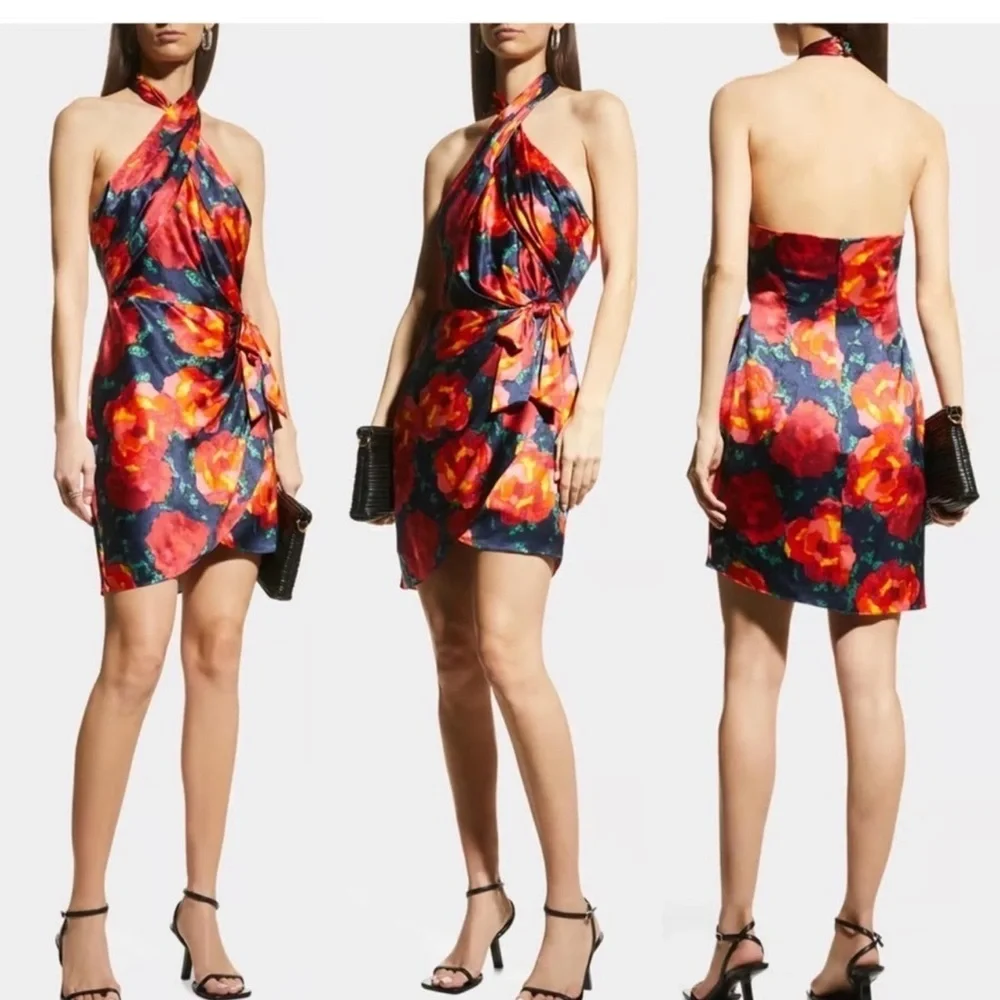 Cinq a Sept Trini Satin Floral Halter Neck Mini Wrap Dress 4